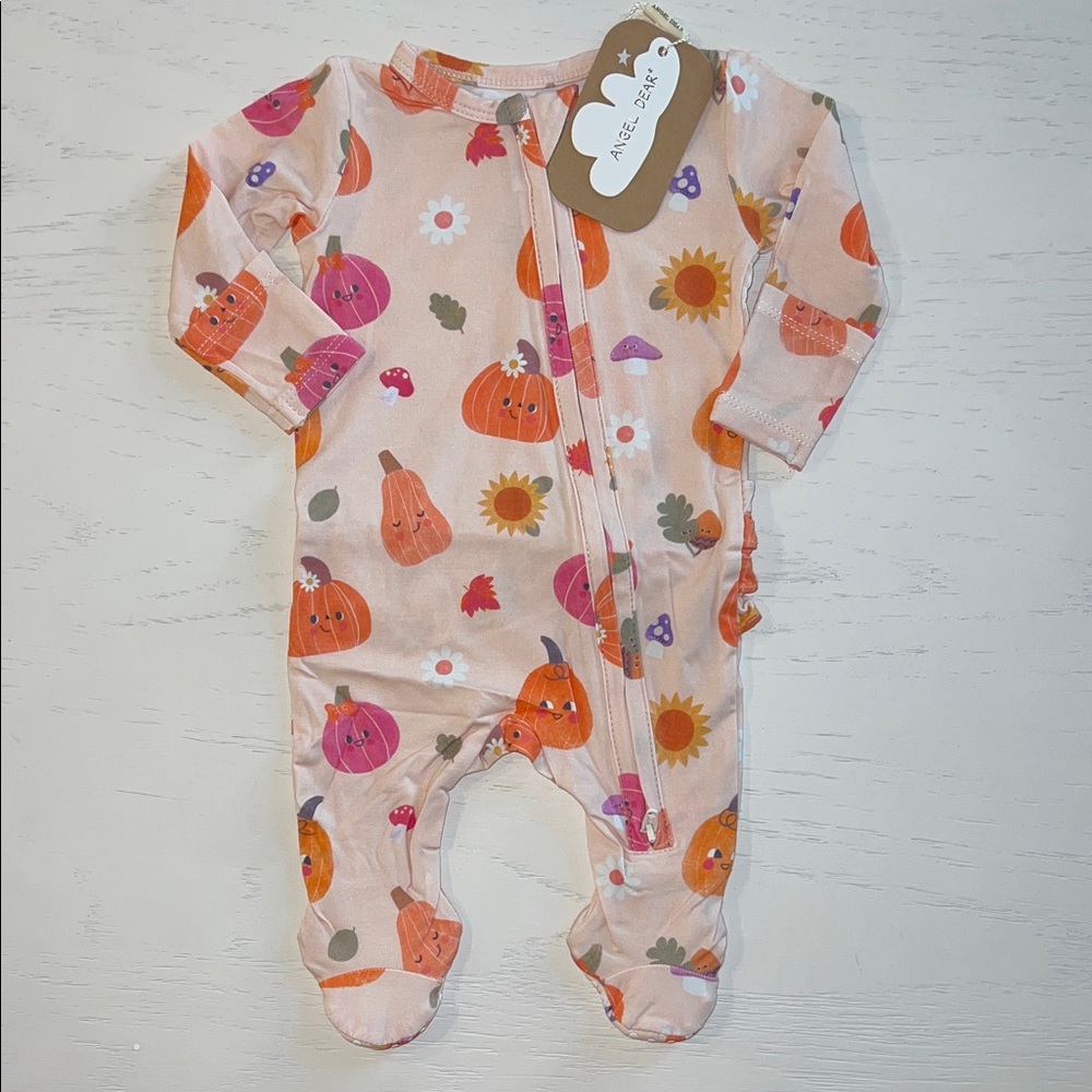 Angel Dear Pink Pumpkin Floral Ruffle Back Footie 0-3 3-6 6-9 months